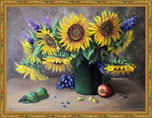 Sunflowers. Original oil painting, oil, mdf panel. An original still life with sunflowers for the interior. Classical painting in the style of realism.