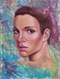 Oil painting on acrylic abstract background portrait of a girl «Lizzy»