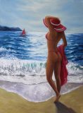 Original oil painting. Unique author’s composition. Nude girl in a swimsuit and a red hat on the seashore.