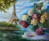 Original oil painting Eiffel Tower and Peony bouquet