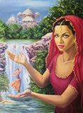 Indian girl in surreal oil painting. Aishwarya Rai, Taj Mahal, Indian goddess