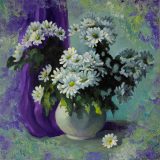 Oil painting with flowers. Camomile splash