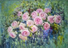 Semi-abstract oil painting. Roses in the garden.